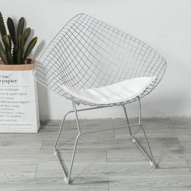 베르토이아 바실리 철제 다이아몬드 암체어 스틸 모던 회전암체어 철제의자 가이아암체어 안락의자, 다이아몬드 실버 화이트 쿠션, 1개