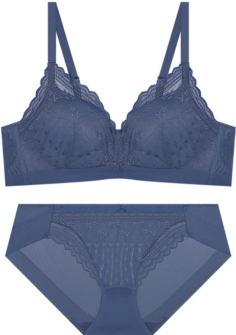 엘르이너웨어 에어홀 컴포트핏 노와이어 레이스 브라 팬티 세트 - 네이비