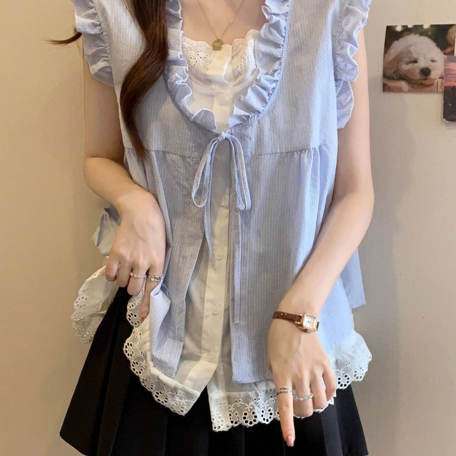 COSYEVNO 여성 러플 프릴 리본 스트라이프 민소매 블라우스 봄여름 데일리룩 BCXdxt-4