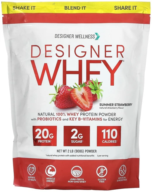 Designer Wellness Designer Whey Natural 100% Whey Protein Powder Summer Strawberry 2 lb 908 g, 907 g, 1개, 908g - 쿠팡