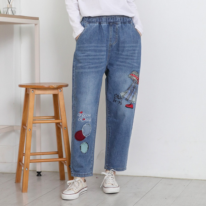 사입자몰 니슈청바지 밴딩 배기 데님 팬츠 봄 가을 와이드 통바지 일자 스판 면바지 여성 미시