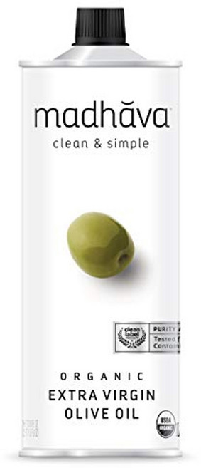 MADHAVA 100% 유기농 엑스트라버진 올리브 오일 1리터 틴케이스 저온 추출 non-gmo 무농약, 1개, 1L