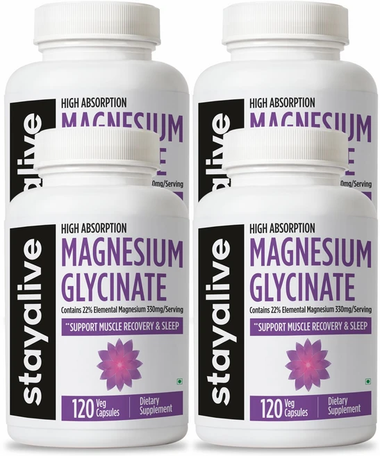 StayAlive 순수 글리시네이트 마그네슘 1500mg 보충제 고흡수성 스트레스 근육 수면 지원을 위한 120캡슐 여성 및 남성용 글리신산 마그네슘 복합체, 4개, 120정 - 쿠팡
