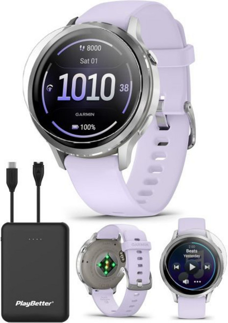 가민 베뉴 피트니스 스마트워치 가민워치 플레이베터 베누 4 실버/실버 그레이 45mm GPS 번들 - AMOLED 디스플레이 내장 손전등 긴 배터리 수명 휴대용 충전기 및 HD