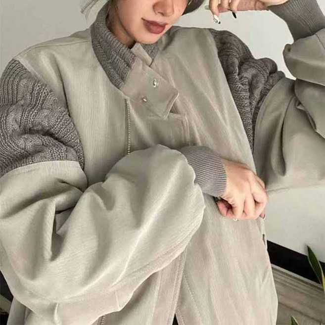 AOKADA 여성 가을 오버핏 항공 야구 점파 니트 패치워크 아우터