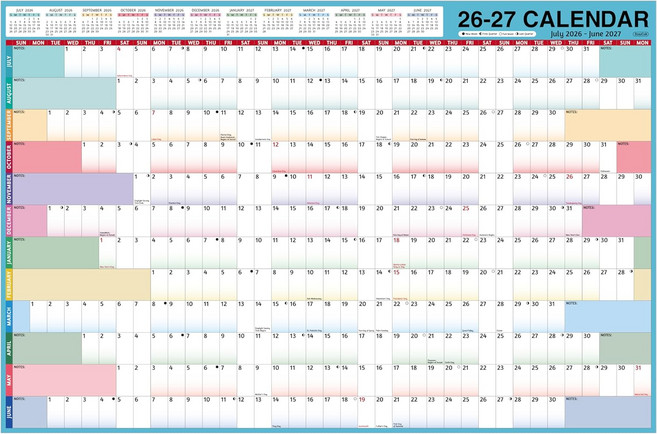 연도별 벽력 2026-2027 - 대형 달력 2026년 7월 2027년 6월 25.2 x 38.2 열림 12개월 할 일 목록 메모 스티커 올 앳 원 페이지의 두꺼운