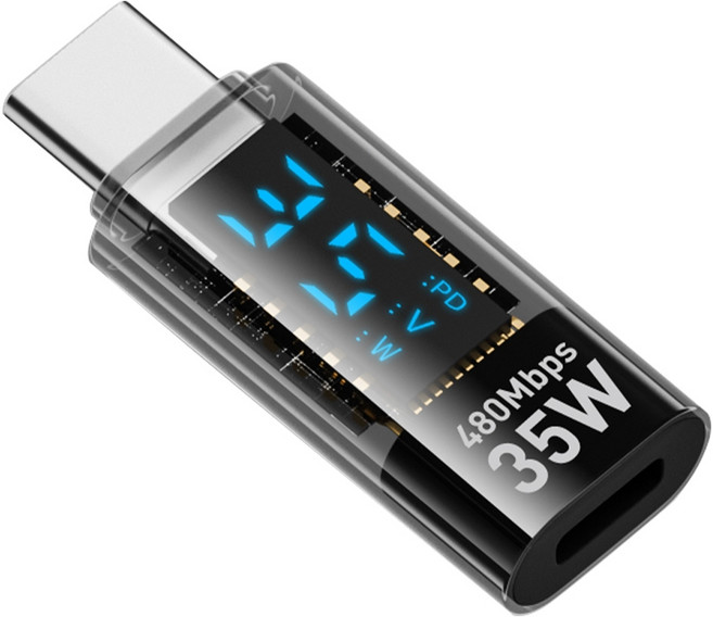 35W 20V 1.75A Lightning 母轉 Type-C 公 數顯 轉接頭 - 透明黑, 1個