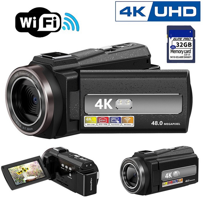 EMITAIM 선물 휴대용 4K 고화질 DV 비디오 레코더 비디오 캠코더 회전 스크린 디지털 줌16x 적외선 야시 이동탐지 디지털 카메라+SD카드, 블랙(Black), HDRK211Pro