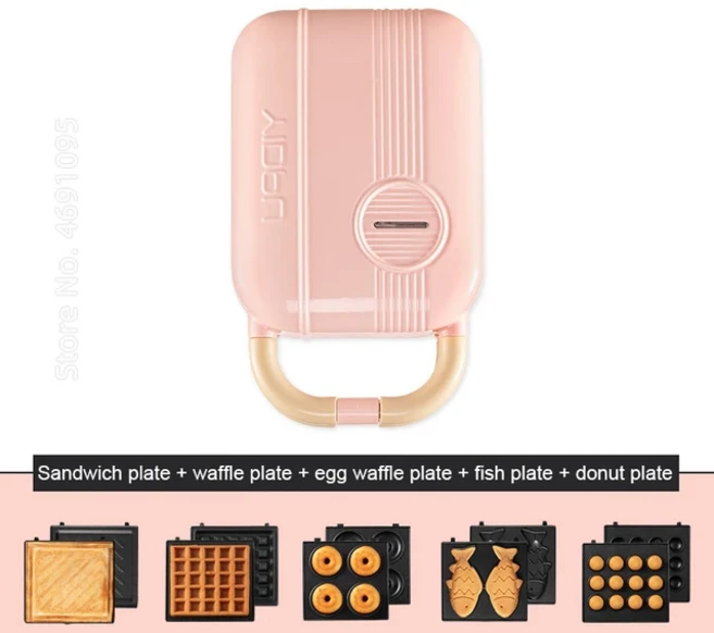 650W 전기 샌드위치 메이커 와플 기계 토스터 베이커 아침 식사 기계 타코야키 팬케이크 도넛 Sandwichera, 01 pink with 5 plates
