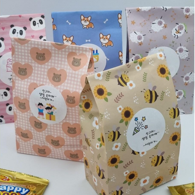 맘스아미 구디백 선물 포장 종이봉투 사탕 쿠키 간식 어린이집 유치원 학원 교회 답례품 구디백, 5개, 동물