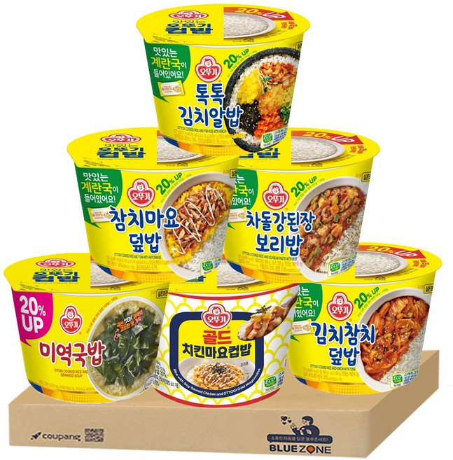 블루존 오뚜기 컵밥 20% UP 계란국 포함 6종 (톡톡김치알밥+참치마요+차돌강된장+쇠고기미역국+치킨마요+김치참치), 1세트