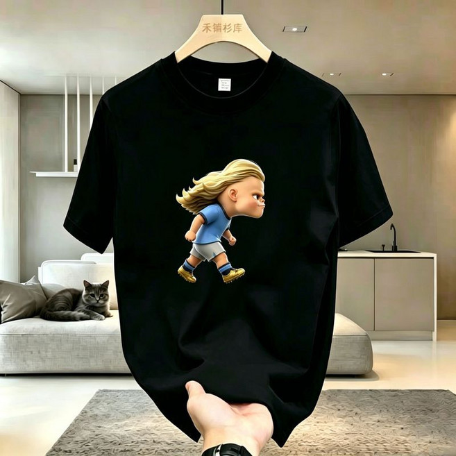 哈寶個性印花短袖 男T恤 寬鬆體恤衫, 黑色, 5XL