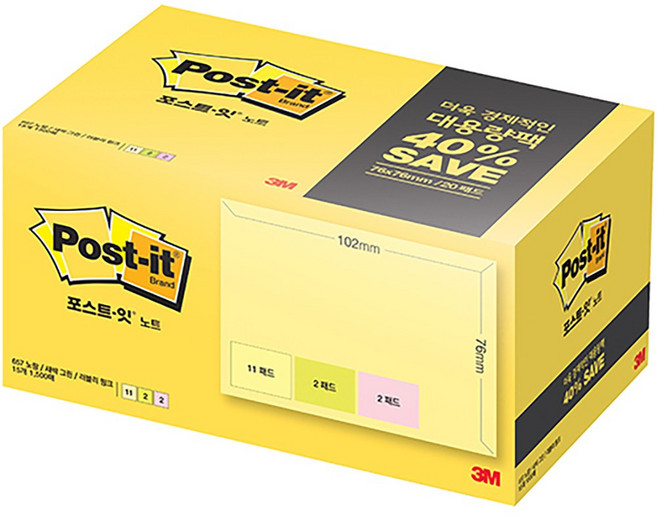 3M 포스트잇노트 대용량팩 657-15 멀티팩 102mm X 76mm 15패드, 1개, 1500매, 노랑/새싹그린/러블리핑크