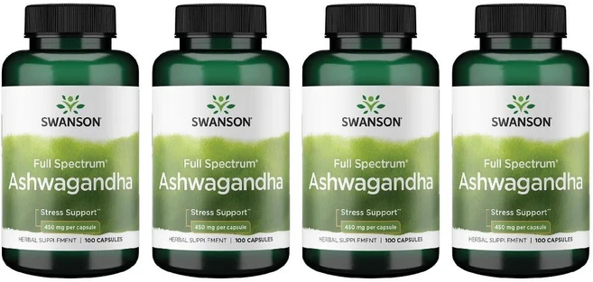 Swanson Stress Support 스완슨 풀 스펙트럼 아슈와간다 부모님선물 명절선물 450mg 100캡슐 4팩, 4개, 100정 - 쿠팡