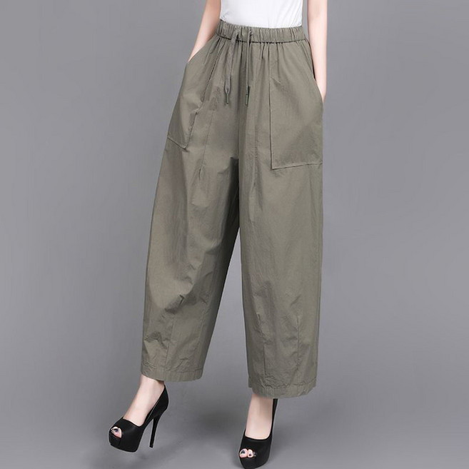 POMTOR 여름 중년 여성 캐주얼 솔리드 포켓 9부 와이드 팬츠