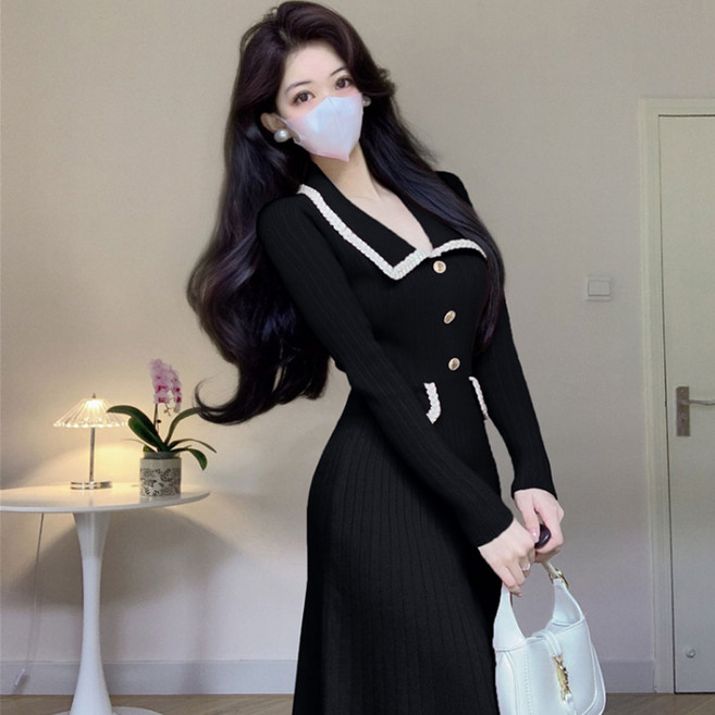 글램디브 퍼프릿 여성 니트롱원피스 배색포켓 금장버튼 빅카라 AH1147