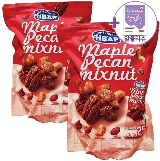 트레이더스 HBAF 메이플 피칸 믹스넛 750g X 2 (30g X 25입) + 더메이런소독티슈, 2개