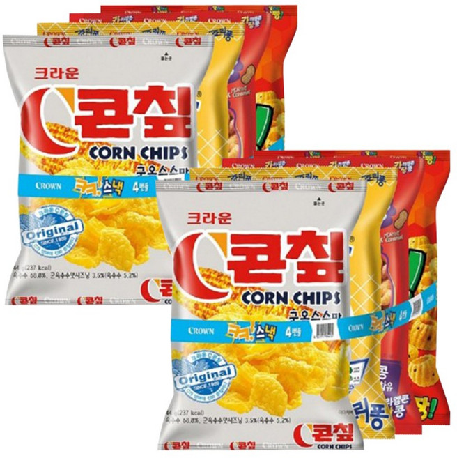 크라운 크크스낵4번들 / 크라운 봉지과자 기획팩 콘칩 죠리퐁 카라멜콘땅콩 못말리는신짱, 2개, 231g