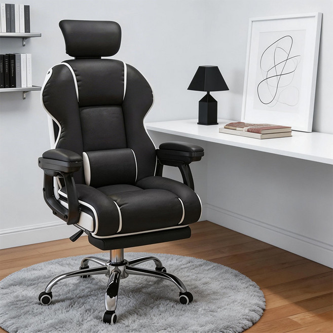 컴퓨터 의자 스포츠 의자 서재 사무용 등받이 의자 높낮이 조절 가능 회전 게이밍 체어, 블랙