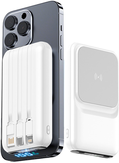 THOUSTA 맥세이프 호환 보조배터리 20000mAh 무선 고속충전 PD QC3.0 22.5W 케이블 일체형 기내반입, 화이트