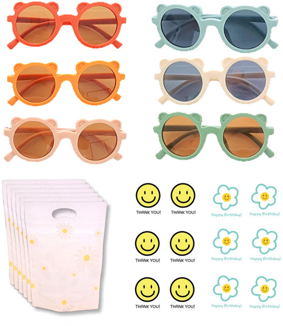[미포리댁] 어린이집 생일 답례품 선물 유치원 구디백 어린이 아동 유아 키즈 아기 선글라스 UV400, 6개, 곰돌이 선글라스+데이지 지퍼백