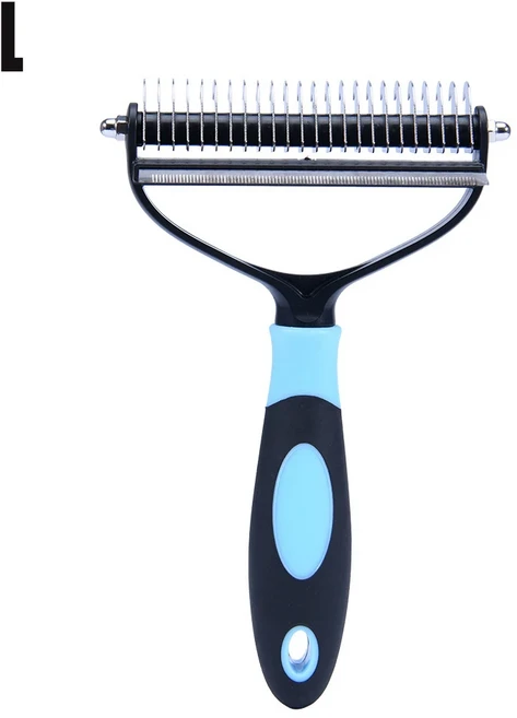 전문 애완 동물 Deshedding 브러시 양면 Dematting 개 빗 고양이 브러시 레이크 강아지 손질 도구 언더 코트 흘리기 비행 머리, L, 블루, 1개