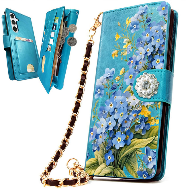 내부지퍼 빽 포켓 유미폰 다이어리 스카이부케 플라워 꽃 DIA 카드지폐수납 내구성 좋은 다이어리 핸드폰 케이스 + 손목 줄 체인 스트랩