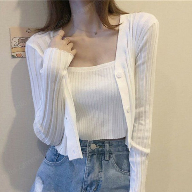 cammello 봄여름 미니멀 골지 크롭 나시 + 가디건 레이어드 세트 데일리룩