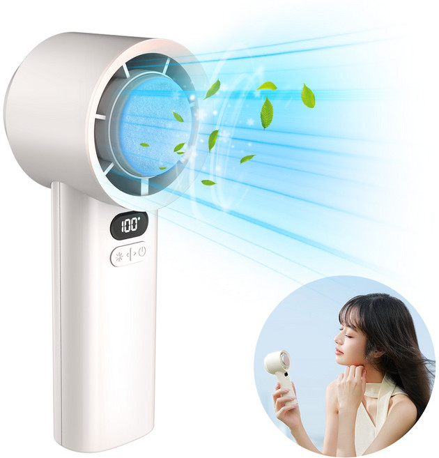 KLIFE 무선 손 선풍기 날개없는 급속 냉각 에어컨 100단 조절 캠핑 휴대용, 화이트