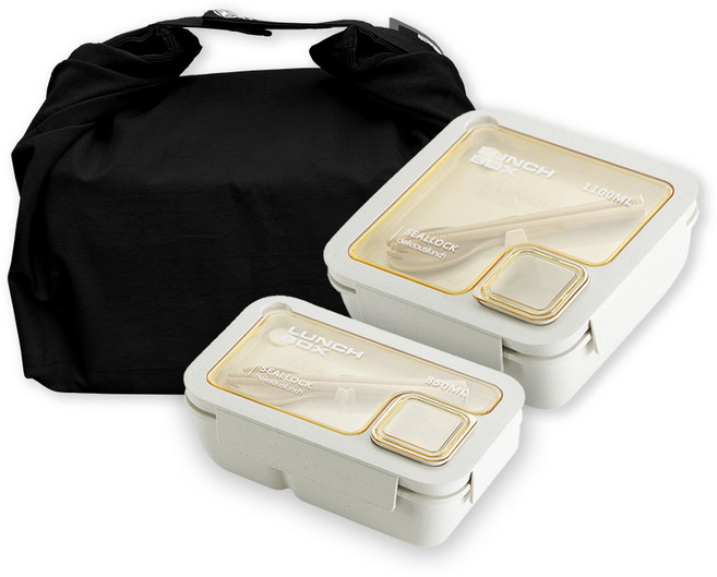 온다온 샐러드 도시락통 + 나일론백 세트 용기 런치박스 직장인 패턴 보온보냉백, 850ml+1100ml+블랙, 1개