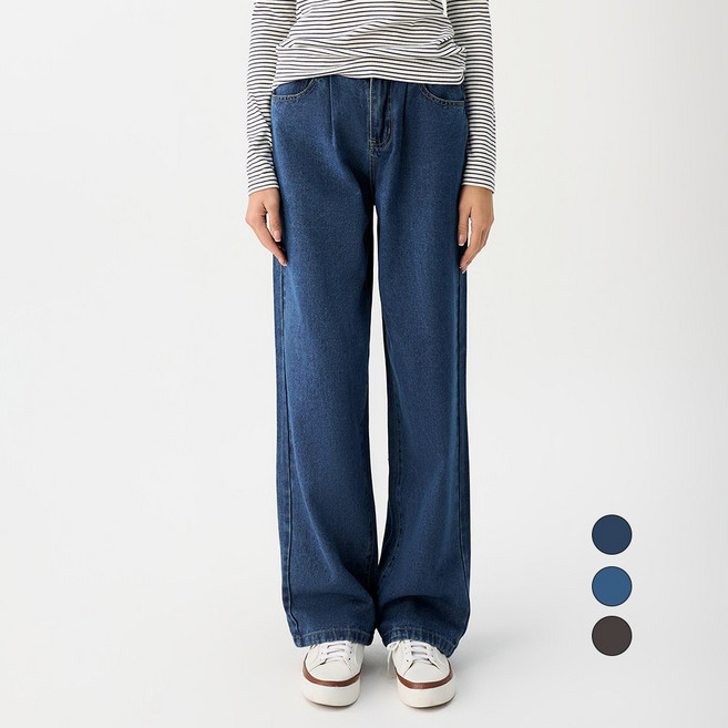 엘블로썸 여성 [숏 기본 롱] 허리편한 핀턱 와이드 밴드 청바지