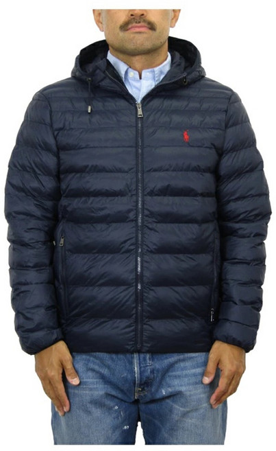 폴로 후드 패커블 풀집 패딩 다운 재킷 네이비 레드 5537192