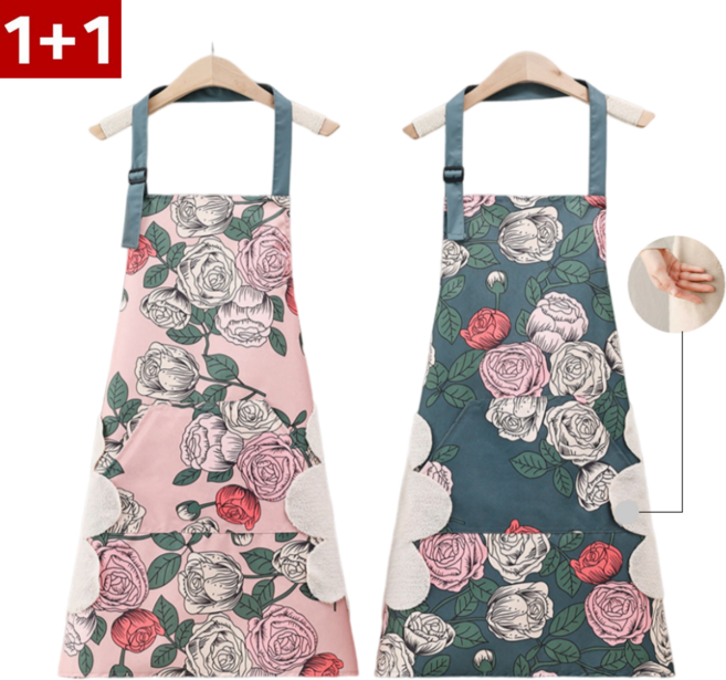 덕스훅 1+1방수 손닦기가능한 플라워 주방앞치마, 1세트, 블루+핑크