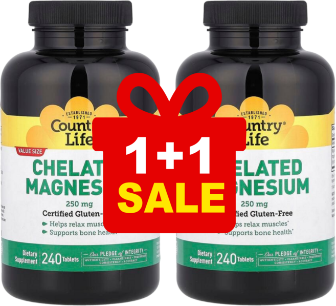 [1+1] 컨트리라이프 고흡수 킬레이트화 마그네슘 250mg 240정 약들약 고약사 / 해외직구 미국정품, 2개