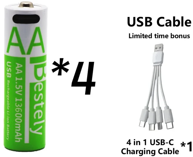 충전식 AA 배터리 13600mAh & AAA 배터리 6800mAh USB 타입 C 케이블 포함 리튬이온 배터리 1.5V 장수명, 01 1.5V용, 06 4P AA