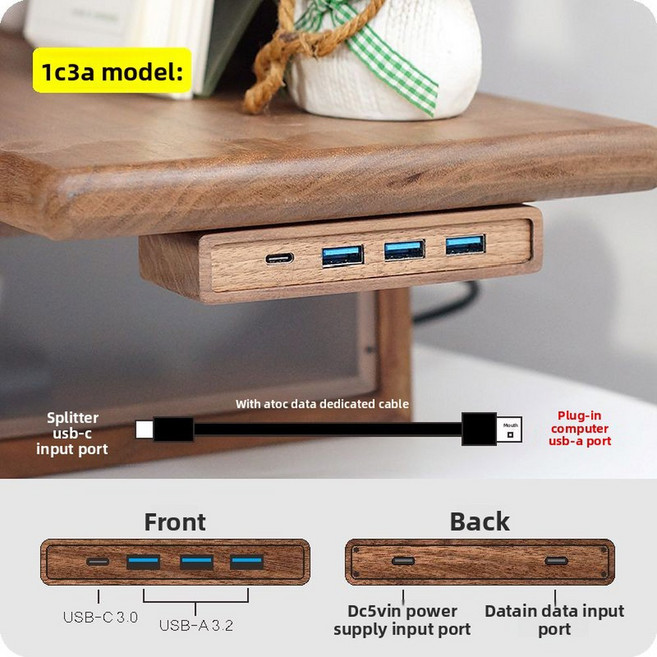 트레조 블랙 월넛 우드 USB 허브 데스크 하단 정리함 데스크탑 라이저 액세서리 3 0 포트 멀티 디바이스 충전 스테이션, 3A1C AtoC cable, 4)3A1C- AtoC cable