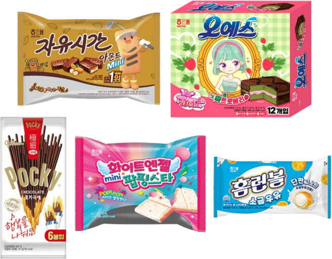 해태 자유시간 아몬드 506g + 오예스 쏙트로베리 360g + 포키 극세 141g + 화이트엔젤 mini 팝핑스타 138g + 홈런볼 소금우유 49g 5종세트