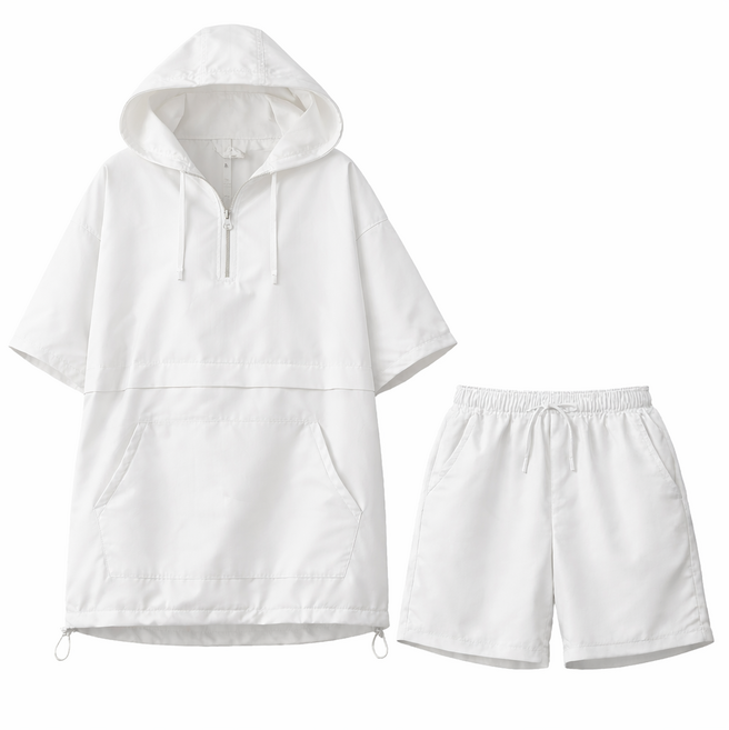 키토브 남녀공용 아노락 반팔 트레이닝 세트 오버핏 루즈핏 반바지 후드 집업 데일리 트레이닝복