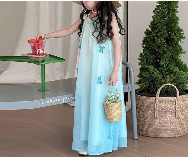 해피유통어린이 여름 민소매 하이넥 연파랑 긴 원피스 시원한 드레스14세 이상 XG03