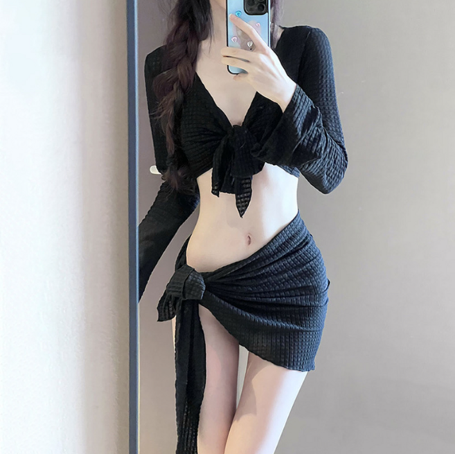 4피스 섹시 스트랩 망사 비키니 세트 커버 가디건 로브 수영복 투피스 모노키니, 블랙