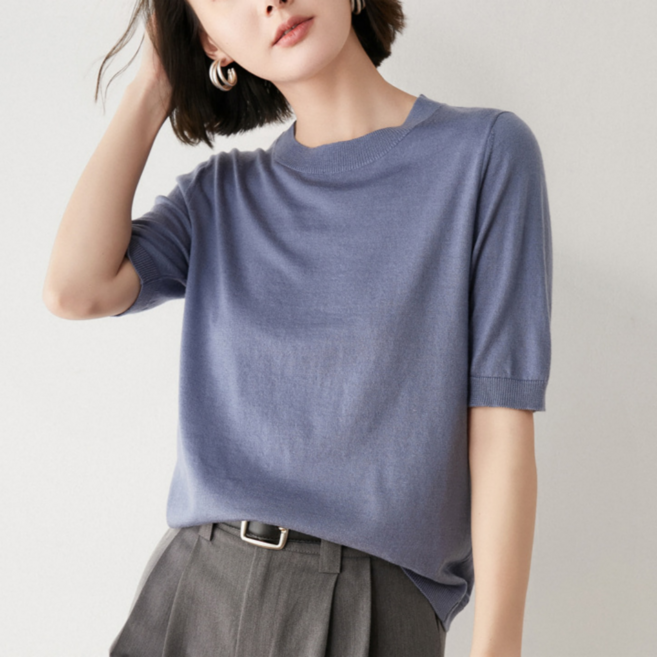 MS HOME 여성 모달 라운드넥 반팔 니트