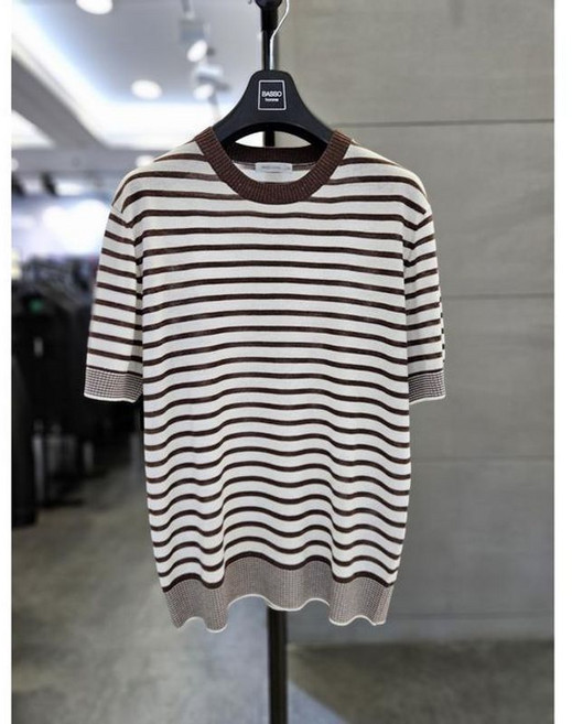 바쏘옴므 세이브존03 25 브라운 린넨 혼방 단가라 스트라이프 반팔 니트 WSYFZ2WR38ABRY