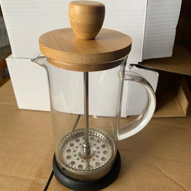 法式濾壓壺 玻璃咖啡壺 冷萃壺 玻璃沖茶器 咖啡器具, 玻璃手柄竹木款 350ml, 1個, 350ml