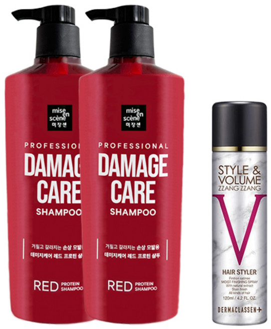 미쟝센 데미지케어 레드 프로틴 샴푸 680ml x2 + 볼륨짱짱 흑채 스프레이 블랙 120ml, 1개, 1.48L