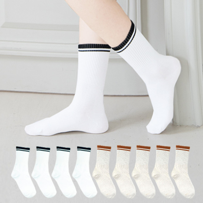 본베이직 여성 국산 스트라이프 크루 중목 양말