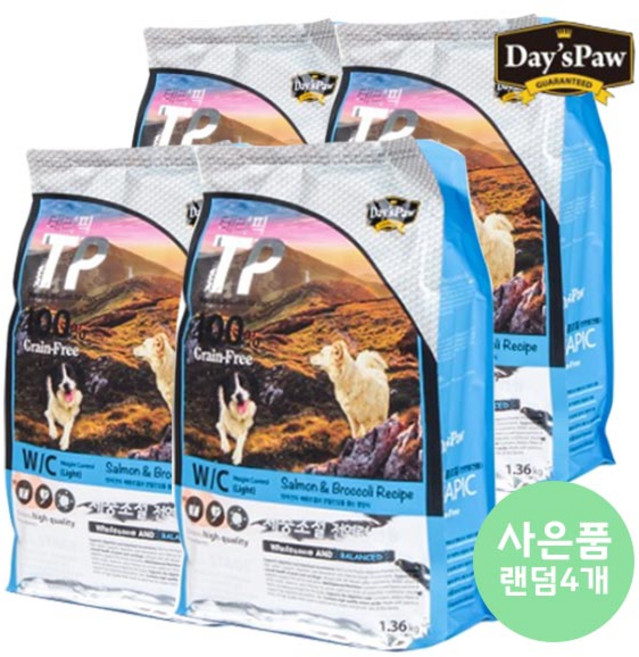[데이스포] [펫 파라다이스]데이스포 테라픽 체중조절전용 1.36kg*4개 + [사은품증정] 알파독 사사미(180g) 16종 랜덤 4개증정 사료+간식, 1.36kg, 오리