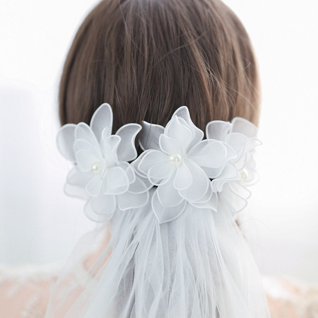 엘블랑꼬 자체제작 셀프 웨딩 진주 꽃 헤어핀 쉬폰 머리 장식 본식 헤어 코사지 베일핀 3개 세트