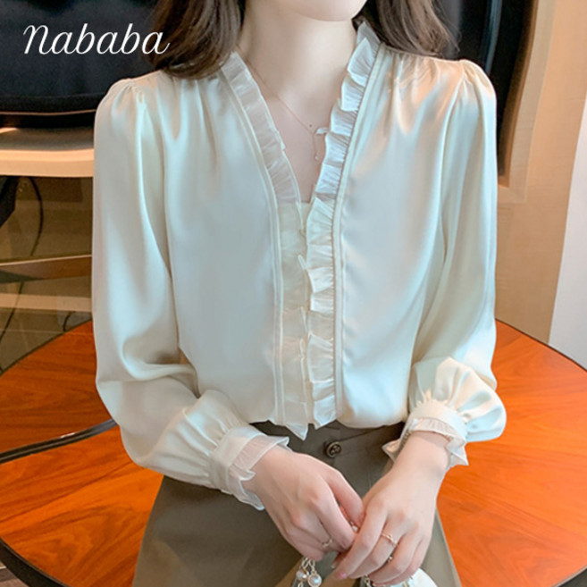 나바바 NB3009 여성 러블리 프릴 브이넥 긴팔 블라우스