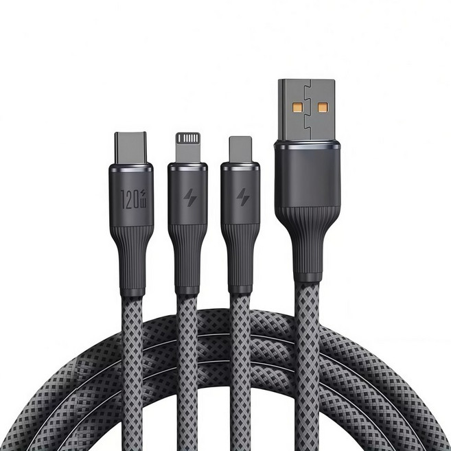 Hqzoomee 3in1 120W 스마트폰 고속 충전 멀티 케이블 120cm, 1개, 그레이grey, 1.2m