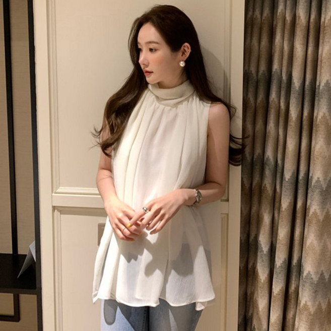 白鳥麗子 氣質女伶 抓摺雪紡立領後綁帶無袖上衣